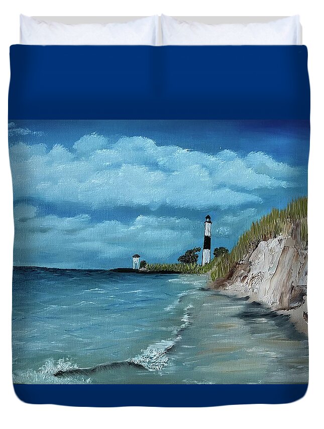 Oil Painting Duvet Cover featuring the painting Sable Lighthouse by Lisa White