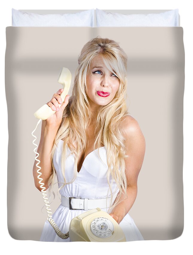 Reception Duvet Cover featuring the photograph Pinup help desk operator by Jorgo Photography