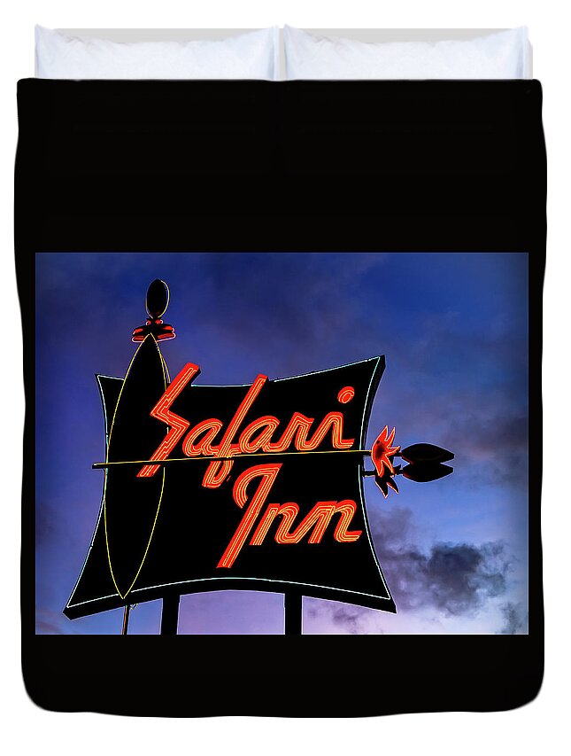 Dusk Duvet Cover featuring the photograph Safari Inn Night by Matthew Bamberg
