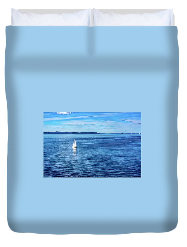 Sailboat Duvet Cover featuring the digital art Sailboat in Puget Sound by SnapHappy Photos