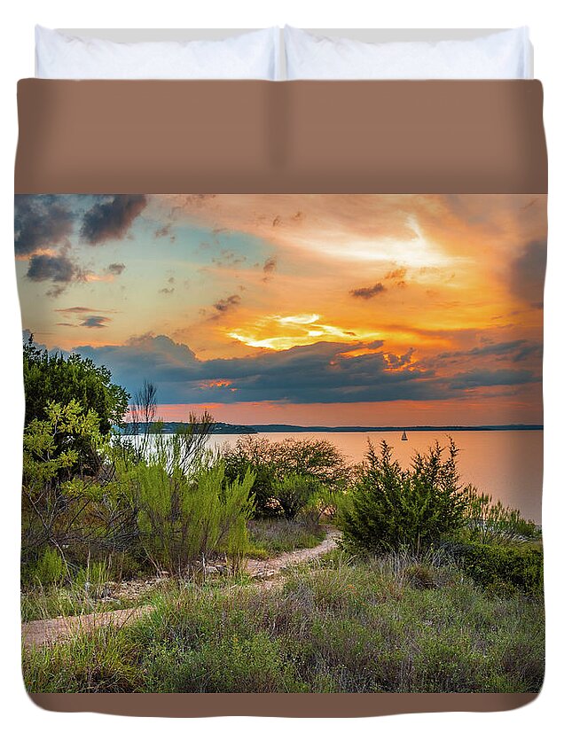 Hill Country Duvet Cover featuring the photograph Sailing a Canyon Lake Sunset by Erin K Images
