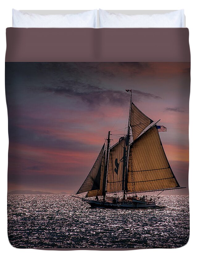 Windjammers Duvet Cover featuring the photograph Sailing at Sunset by Fred LeBlanc