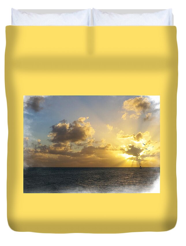 Sunset Duvet Cover featuring the mixed media Sailing Home by Moira Law