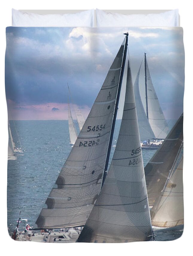 Seascape Duvet Cover featuring the photograph Sailing off Marblehead racing to Halifax by Jeff Folger