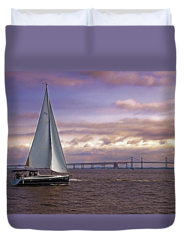 Sailboat Duvet Cover featuring the photograph Sailing On The Chesapeake Bay by Suzanne Stout