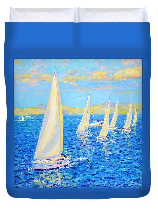 Sailboats Duvet Cover featuring the painting Sailing regatta. by Iryna Kastsova