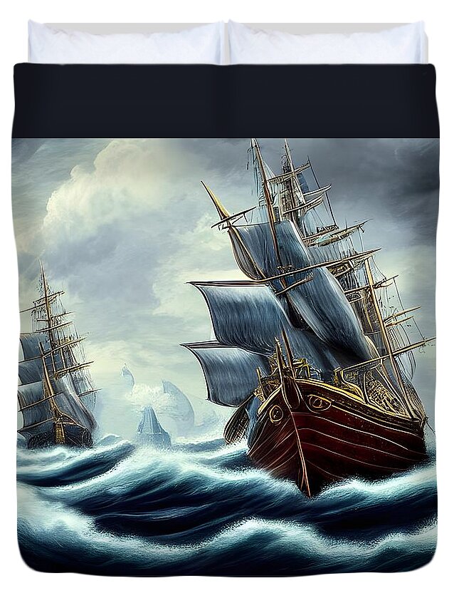 Digital Duvet Cover featuring the digital art Sailing Ships on a Stormy Sea by Beverly Read