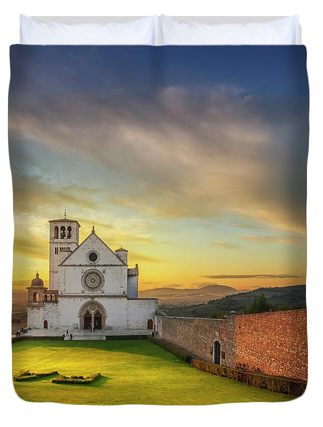 Assisi Duvet Cover featuring the photograph Saint Francis of Assisi Basilica church at sunset. Umbria, Italy. by Stefano Orazzini