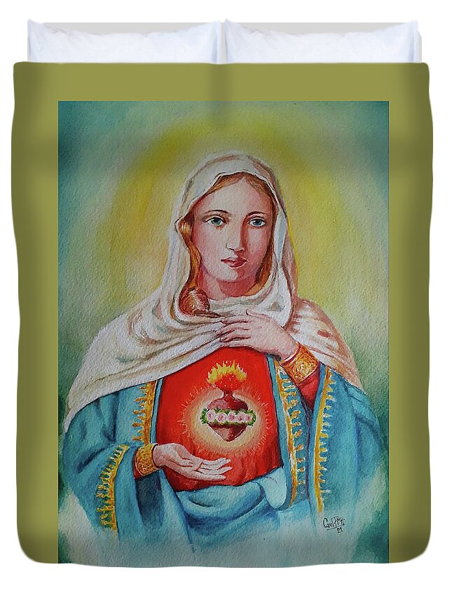 Saint Mary Duvet Cover featuring the painting Saint Mary s sacred heart by Carolina Prieto Moreno
