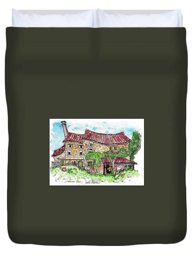 Wonky Houses Duvet Cover featuring the painting Salavas Farm by Petra Stephens