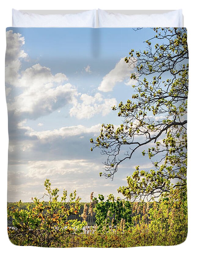 Hickory Tree Duvet Cover featuring the photograph Saltmarsh and Hickory Tree in Spring by Marianne Campolongo