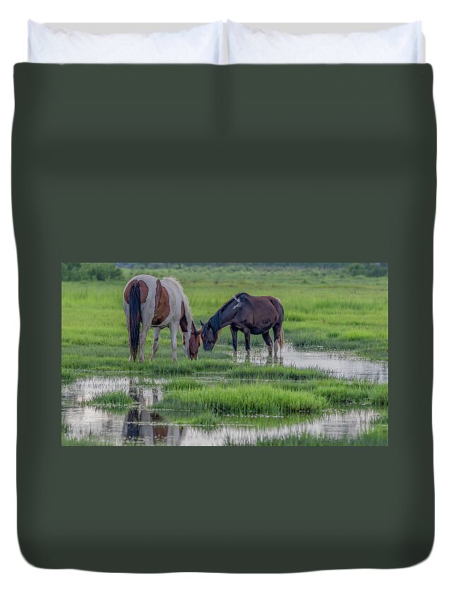 Chincoteague Island Duvet Cover featuring the photograph Saltwater Ponies of Chincoteague Island by Marcy Wielfaert