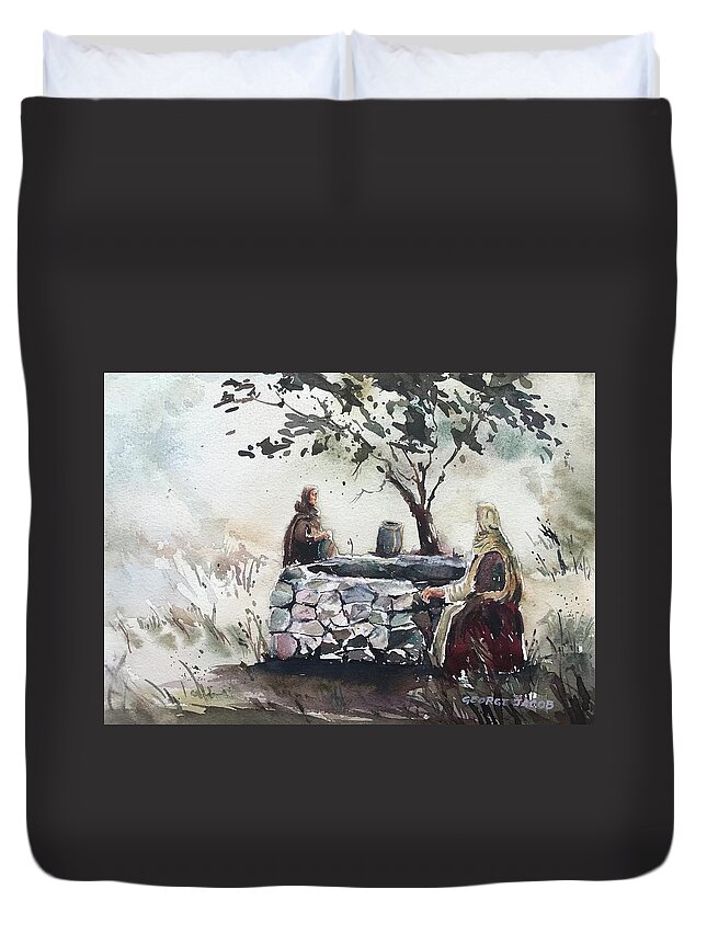 Samaritan Women Meeting Jesus At The Well Duvet Cover featuring the painting Samaritan women at the well new by George Jacob