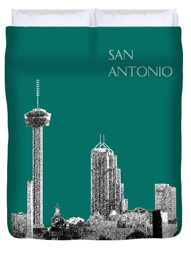 Architecture Duvet Cover featuring the digital art San Antonio Skyline - Coral by DB Artist