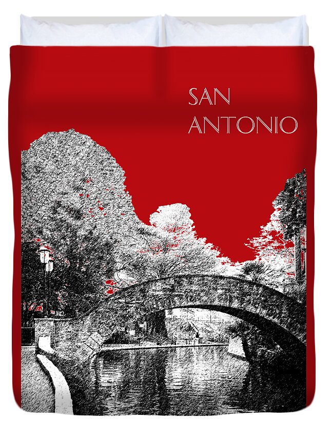 Architecture Duvet Cover featuring the digital art San Antonio Skyline River Walk - Dark Red by DB Artist