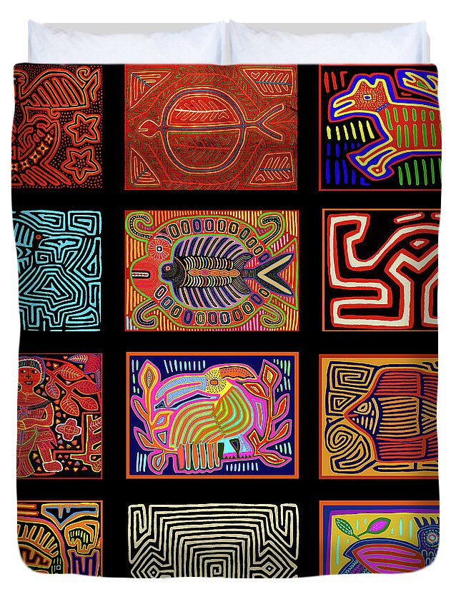 San Blas Islands Duvet Cover featuring the digital art San Blas Island Mola collage by Vagabond Folk Art - Virginia Vivier