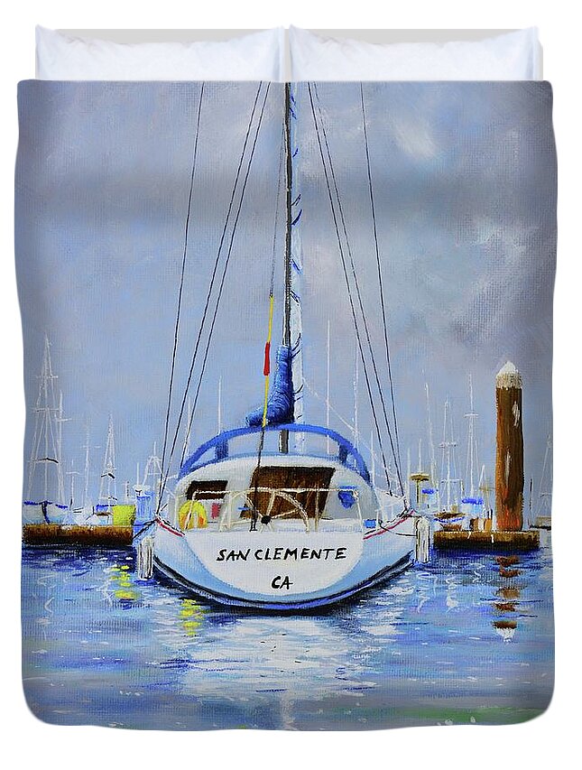Sail Duvet Cover featuring the painting San Clemente Sail Boat by Mary Scott