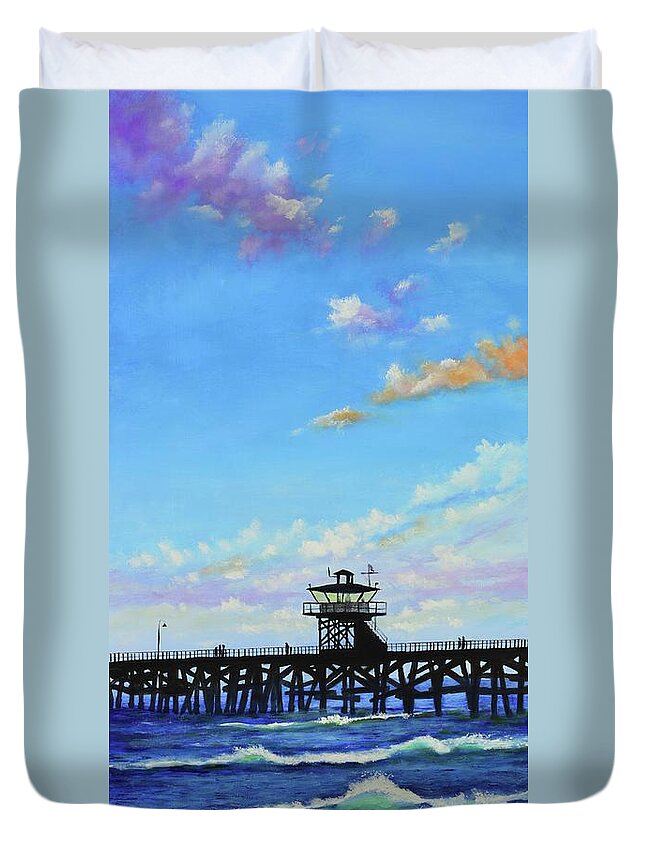 Pier Duvet Cover featuring the painting San Clemente Tower by Mary Scott