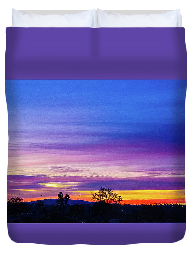 San Diego Duvet Cover featuring the photograph San Diego Sunrise 2021 Purple by Phyllis Spoor