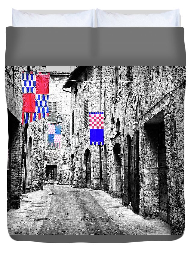 Architectural Style Duvet Cover featuring the photograph San Gemini Flags by Eggers Photography