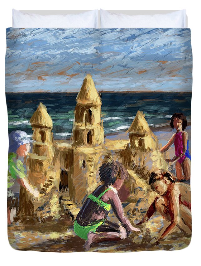Children Duvet Cover featuring the digital art Sandcastle Teamwork by Larry Whitler