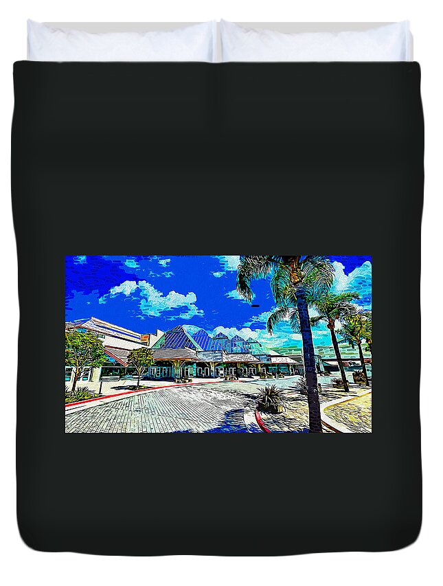 Santa Clara Convention Center Duvet Cover featuring the digital art Santa Clara Convention Center, impressionist painting by Nicko Prints