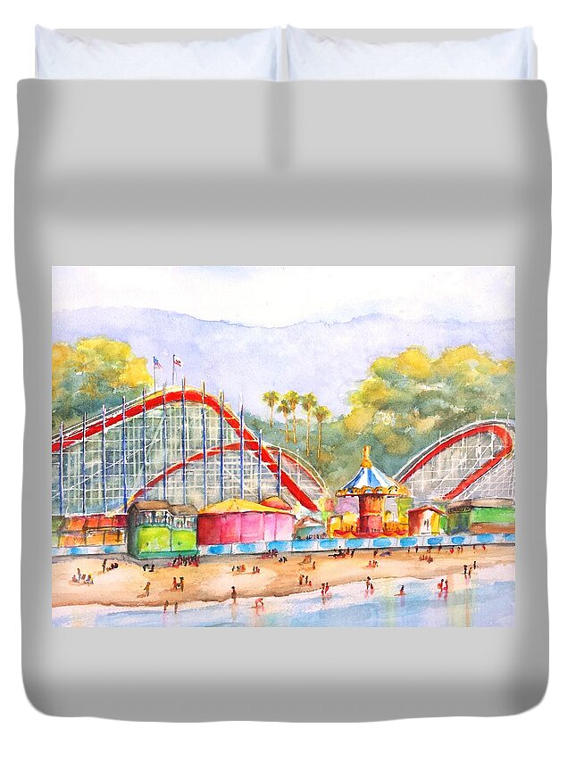 Santa Cruz Duvet Cover featuring the painting Santa Cruz Beach Boardwalk by Carlin Blahnik CarlinArtWatercolor