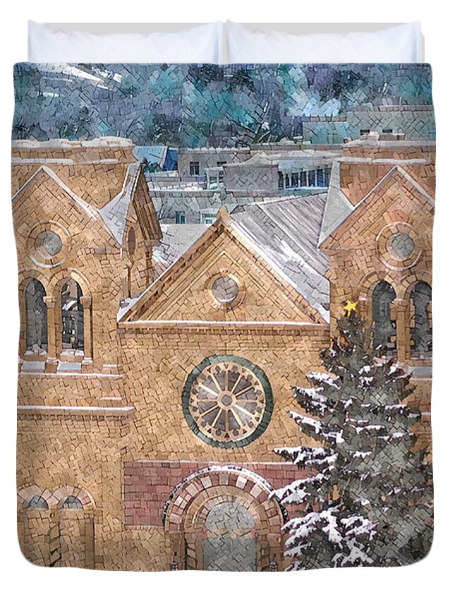 Church Duvet Cover featuring the digital art Santa Fe Cathedral in Snow by Aerial Santa Fe