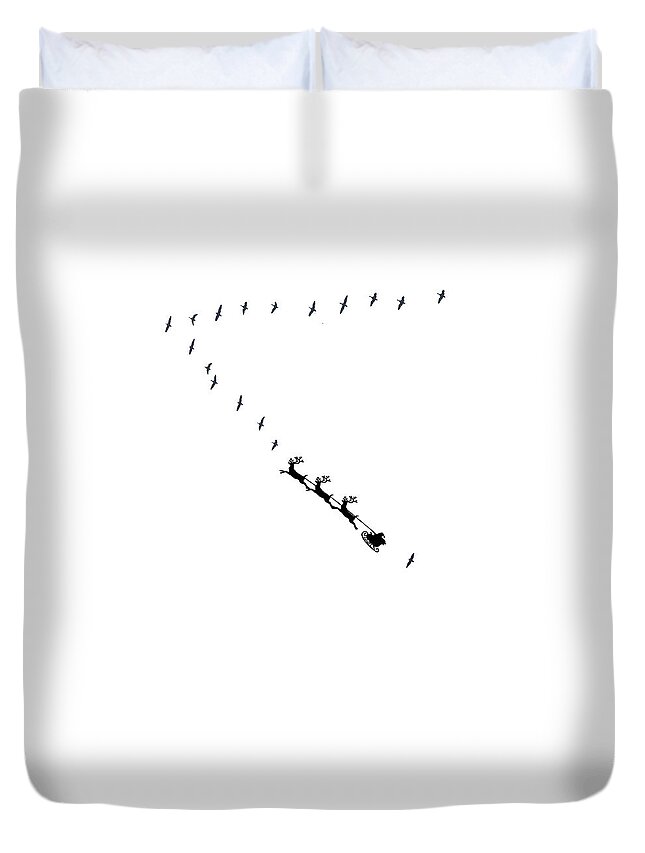 Canada Geese Duvet Cover featuring the mixed media Santa Flies in Formation by Moira Law