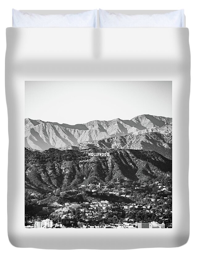 America Duvet Cover featuring the photograph Santa Monica Mountain Hollywood Hills Sign - Black and White 1x1 by Gregory Ballos