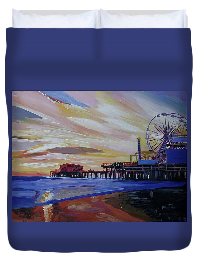 Santa Monica Pier Duvet Cover featuring the painting Santa Monica Pier at Sunset by M Bleichner