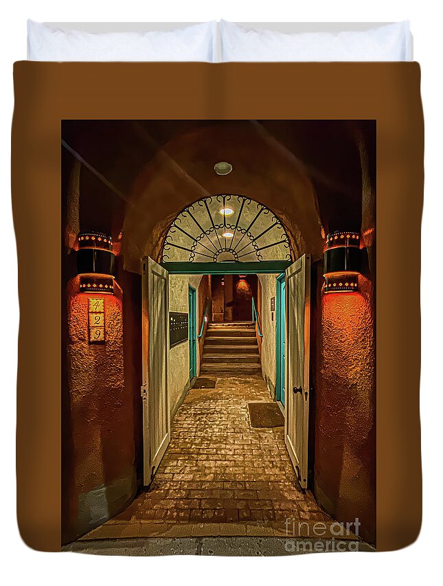 America Duvet Cover featuring the photograph Sante Fe Doorway at Night by Thomas Marchessault