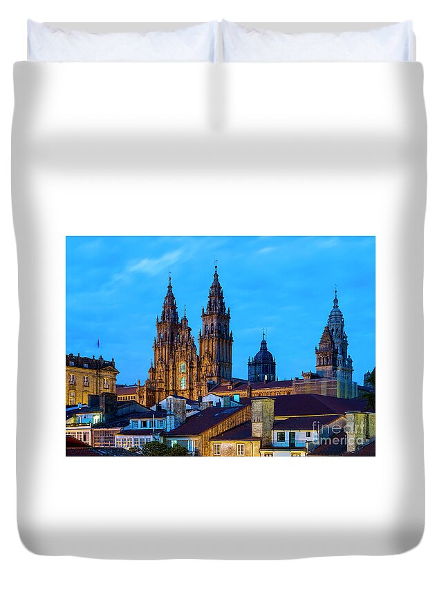 Way Duvet Cover featuring the photograph Santiago de Compostela Cathedral Spectacular View by Night and Tiled Roofs La Coruna Galicia by Pablo Avanzini