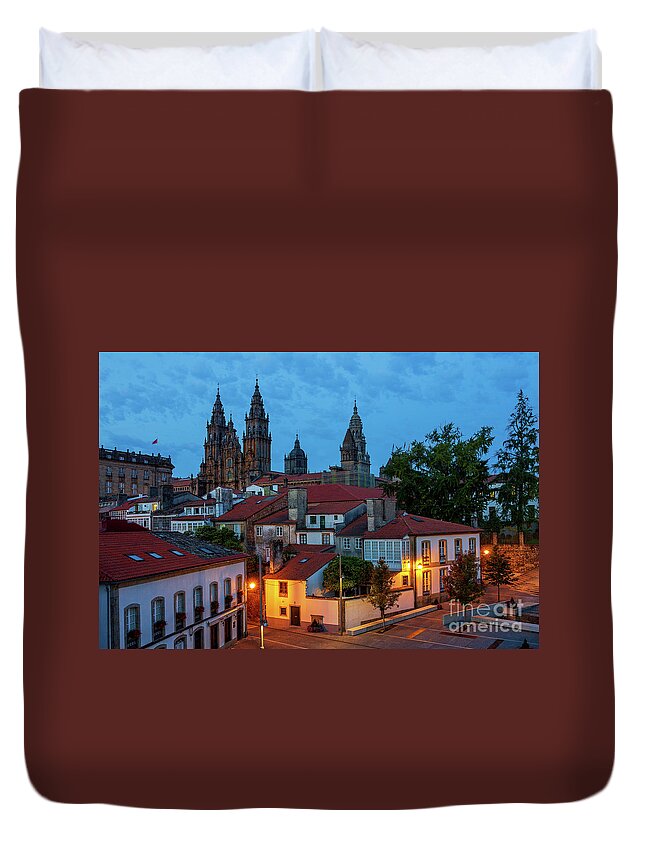 Way Duvet Cover featuring the photograph Santiago de Compostela Cathedral Spectacular View by Night Dusk with Street Lights and Tiled Roofs La Corua Galicia by Pablo Avanzini