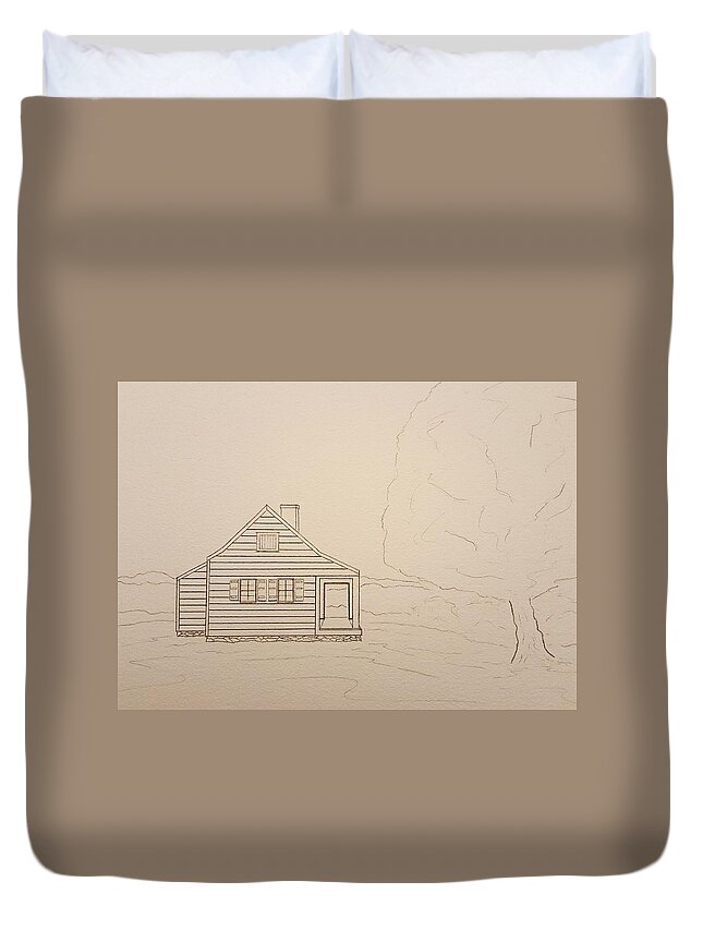 Sketch Duvet Cover featuring the drawing Saratoga Farmhouse by John Klobucher