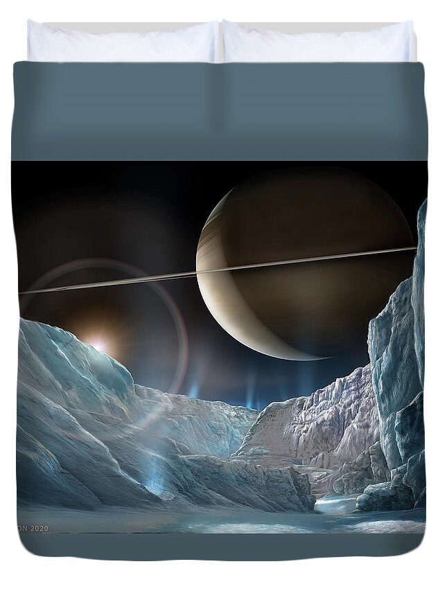 Space; Saturn; Planet; Enceladus; Ice; Science Fiction; Nature; Astronomy Duvet Cover featuring the painting Saturn seen from Enceladus by Don Dixon
