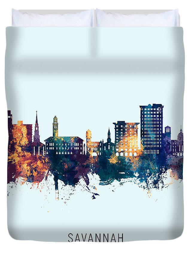 Savannah Duvet Cover featuring the digital art Savannah Georgia Skyline #02 by Michael Tompsett
