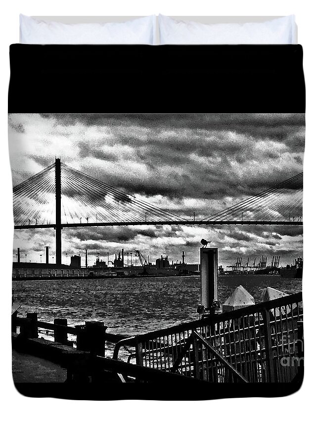 Eugene Talmadge Duvet Cover featuring the photograph Savannah River Bridge the Morning after Hurricane Matthew No. 2 by Aberjhani