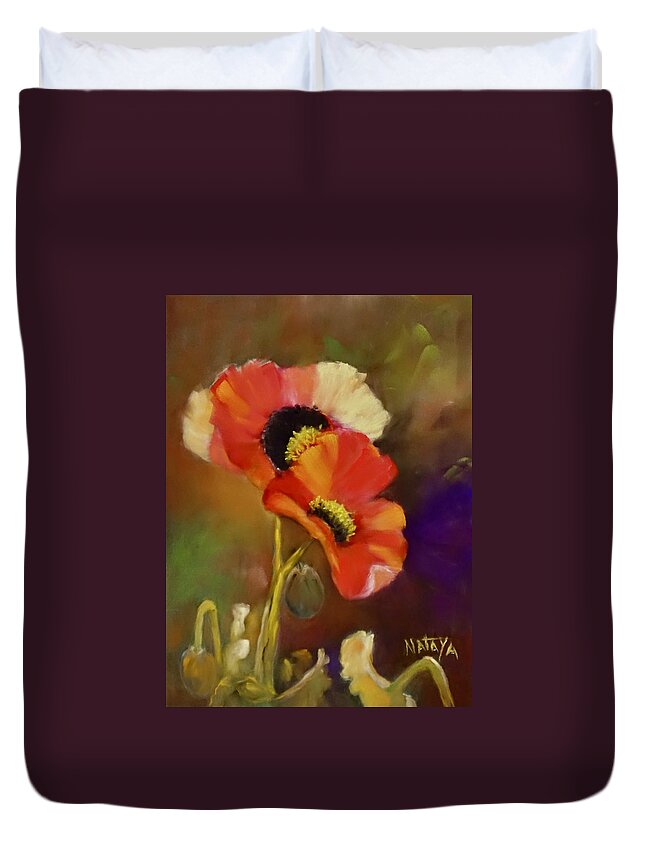Poppies Duvet Cover featuring the pastel Scarlet Poppies by Nataya Crow