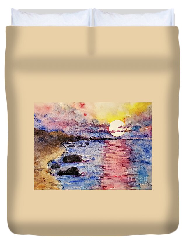 Eileen Kelly Duvet Cover featuring the painting Scarlet Sunset by Eileen Kelly