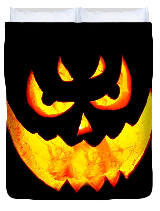 Jack O Lantern Duvet Cover featuring the digital art Scary Glowing Pumpkin Halloween Costume by Flippin Sweet Gear