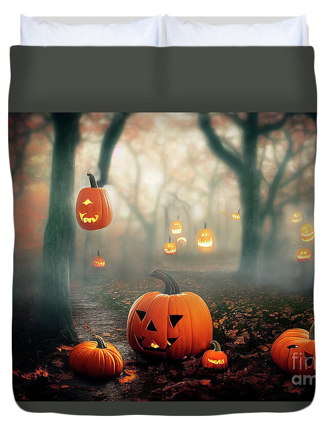 Pumpkin Duvet Cover featuring the photograph Scary halloween pumpkins in spooky magic forest. Jack'o'Lantern by Jelena Jovanovic