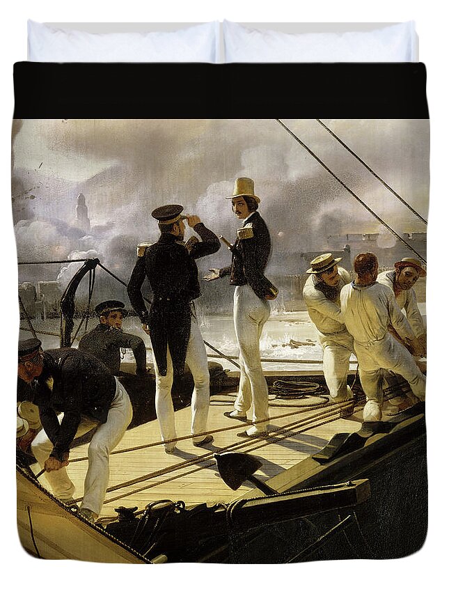 Horace Vernet Duvet Cover featuring the painting Scene from the Mexican Expedition, Prince of Joinville on the poop of the corvette Creole by Horace Vernet