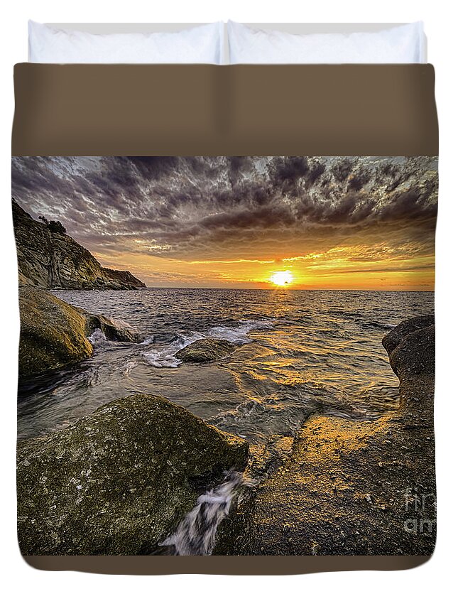 Andrew Duvet Cover featuring the photograph Scenic coastal sunset on island of Elba in Tuscany by Vivida Photo PC