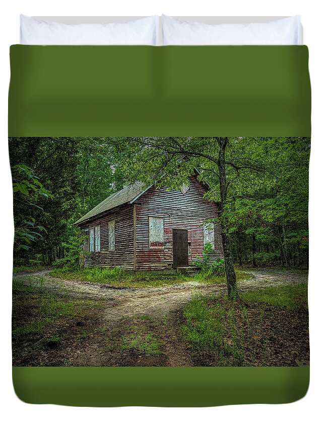 Atsion Duvet Cover featuring the photograph Schoolhouse In The Woods by Kristia Adams