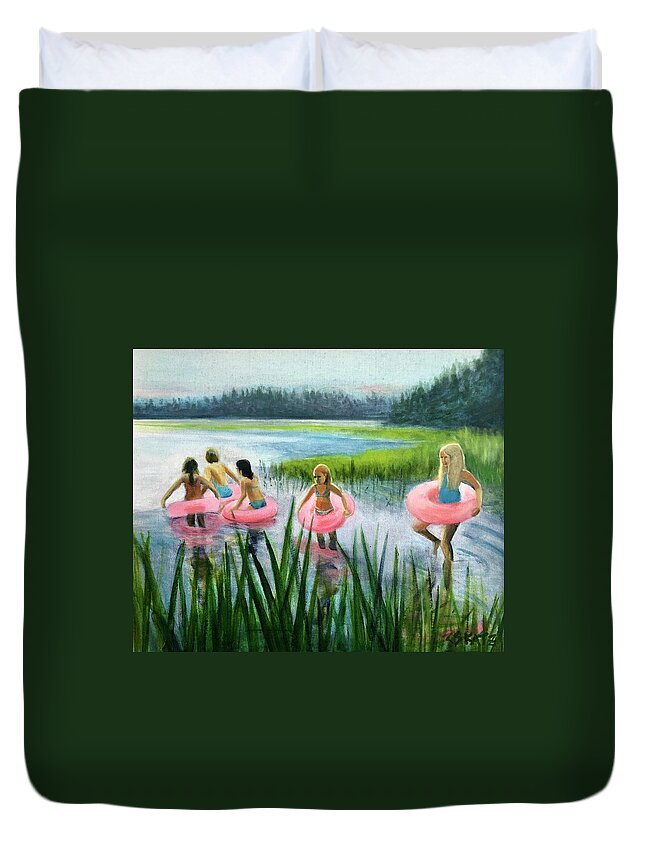 Pink Floaties Duvet Cover featuring the painting Scoby Pond Birthday by Cyndie Katz