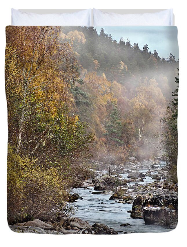 Fog Beauty Over River Scottish Golden Autumn Stones Boulders Cobbles Gravel Pebble Rocks Scree Birches Yellow Green Woods Forest Nature Elements Landscape View Scenery Water Flow Beautiful Delightful Pretty Calm Restful Relaxing Relaxation Serenity Atmospheric Aesthetic Mindfulness Magnificent Powerful Stunning Walking Art Artistic Painterly Imaginable Beauty Fresh Untouched Nobody Solitary Delicate Gentle Scotland River Scottish Highlands Uk Impression Expressive Misty Fall Vista Smart River Duvet Cover featuring the photograph Fog Beauty Over River Scottish Golden Autumn by Tatiana Bogracheva