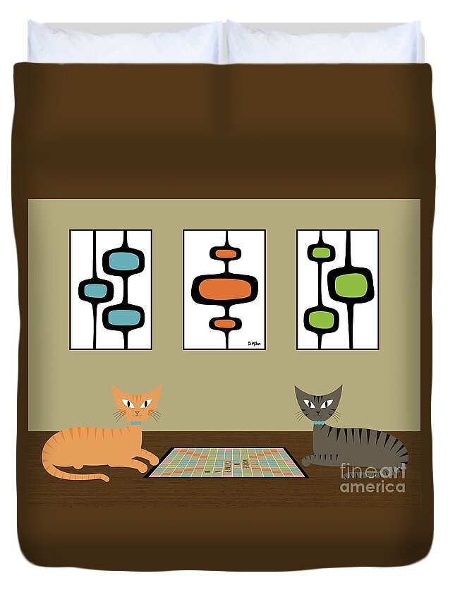 Mid Century Cat Duvet Cover featuring the digital art Scrabble Cats with Mid Century Shapes by Donna Mibus
