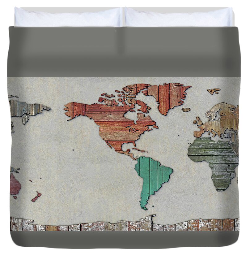 Map Duvet Cover featuring the digital art Scrapwood map of the world by Frans Blok
