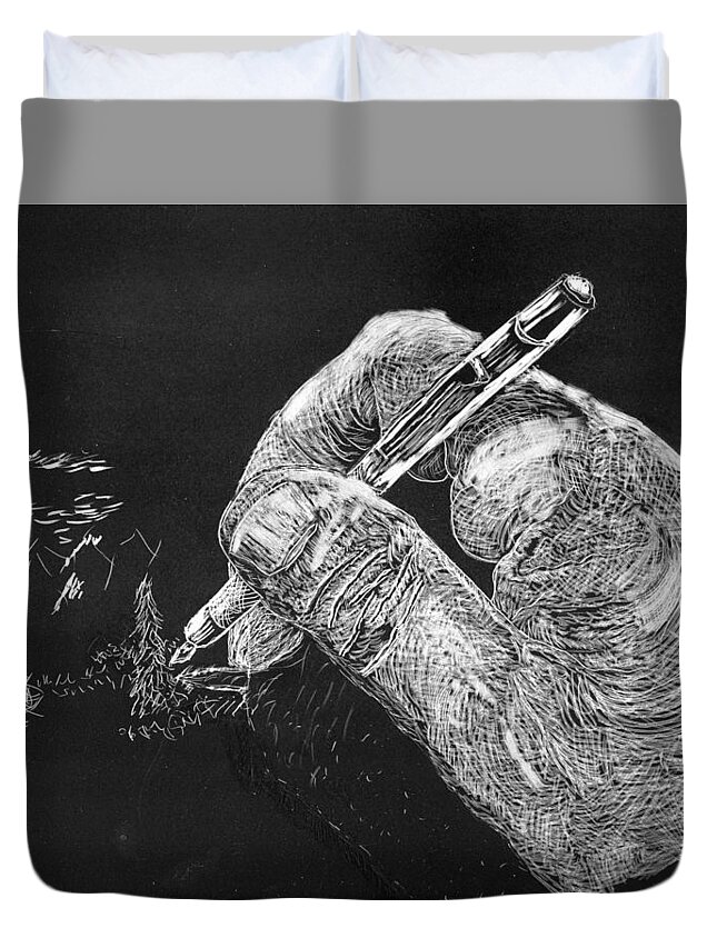 Scratchboard Duvet Cover featuring the drawing Scratches - a self portrait by Branwen Drew